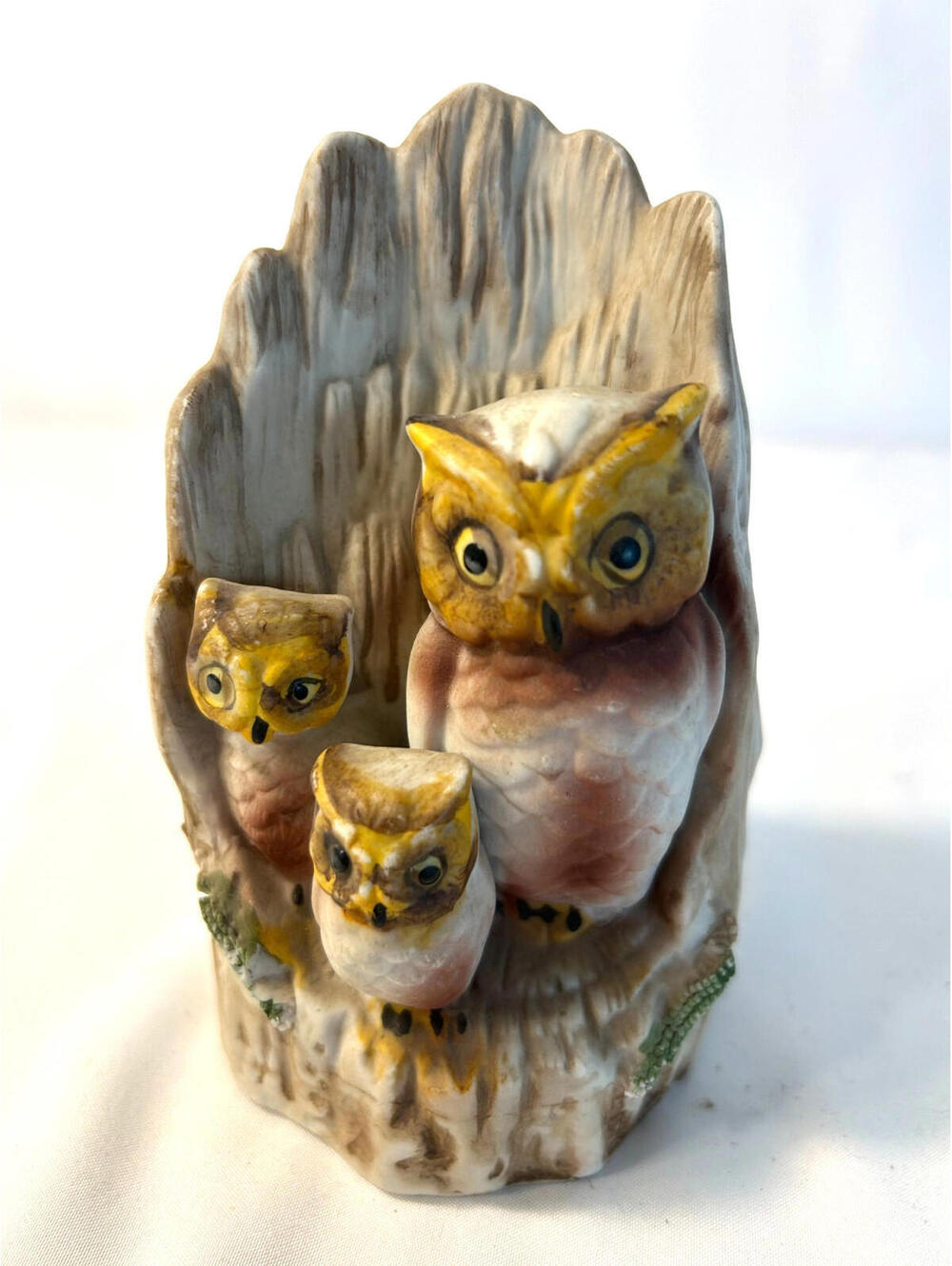 Whimsical Vintage Owl Figurine – 3 Owls Nestled in Tree Ceramic Taiwan